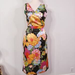Richard Quinn Floral Print Midi Dress UK 8 US 4 AW18 Black Multicolor Satin NWT